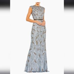 SILVER Evening Gown Mac Duggal Embellished Illusion Cap-Sleeve Column Gown